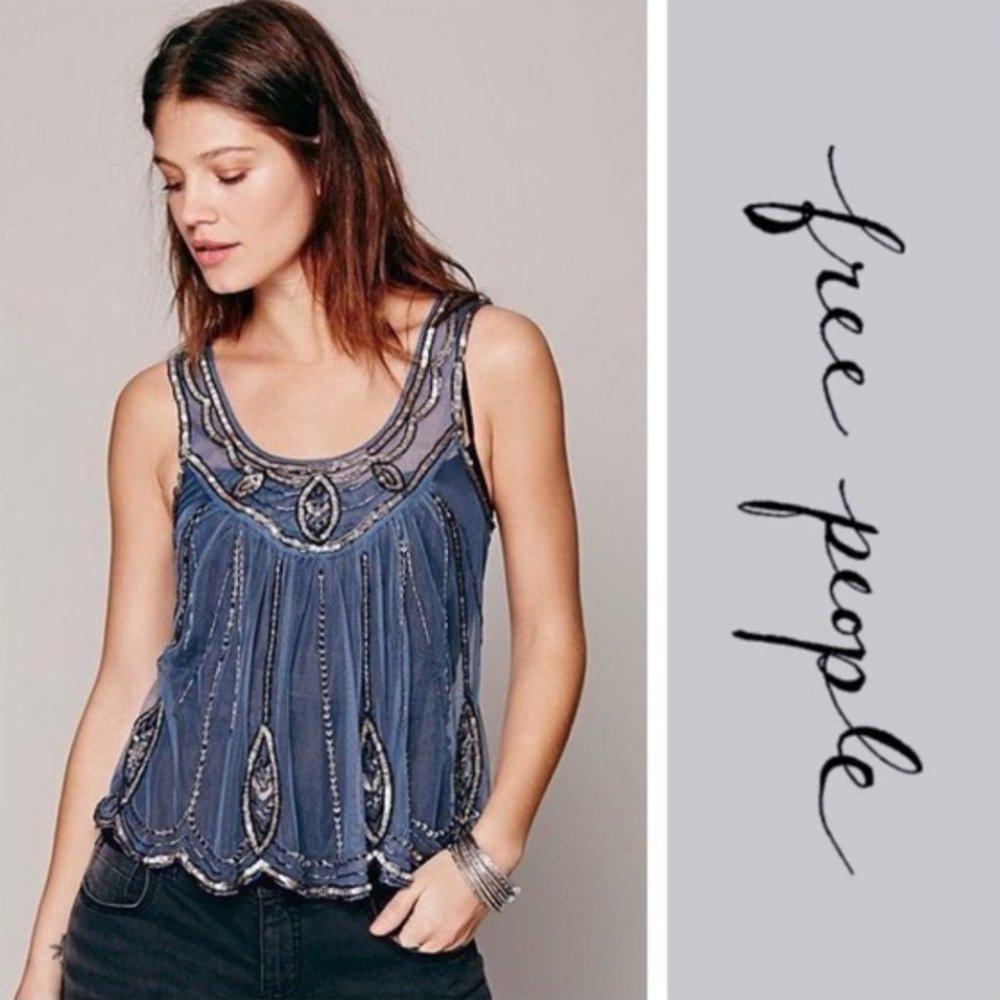FREE PEOPLE Blue-Gray Sheer Beaded Tank